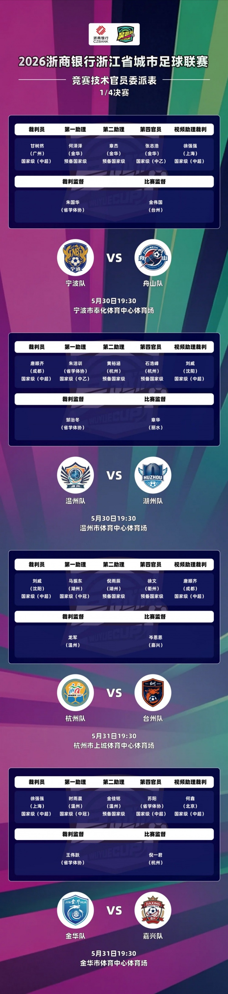吳越杯四分之一決賽外省中超裁判全覆蓋，唐順齊、甘樹然分別執(zhí)法