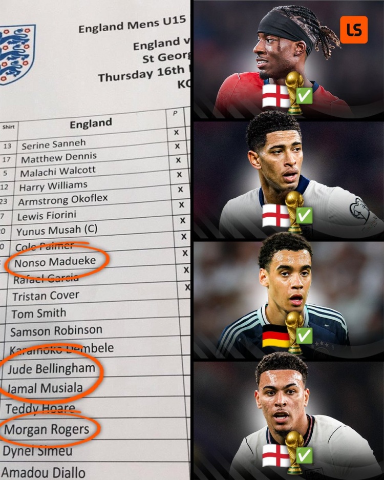 英格蘭U15四子齊聚2026世界杯：貝林穆西亞拉領(lǐng)銜，帕爾默落選
