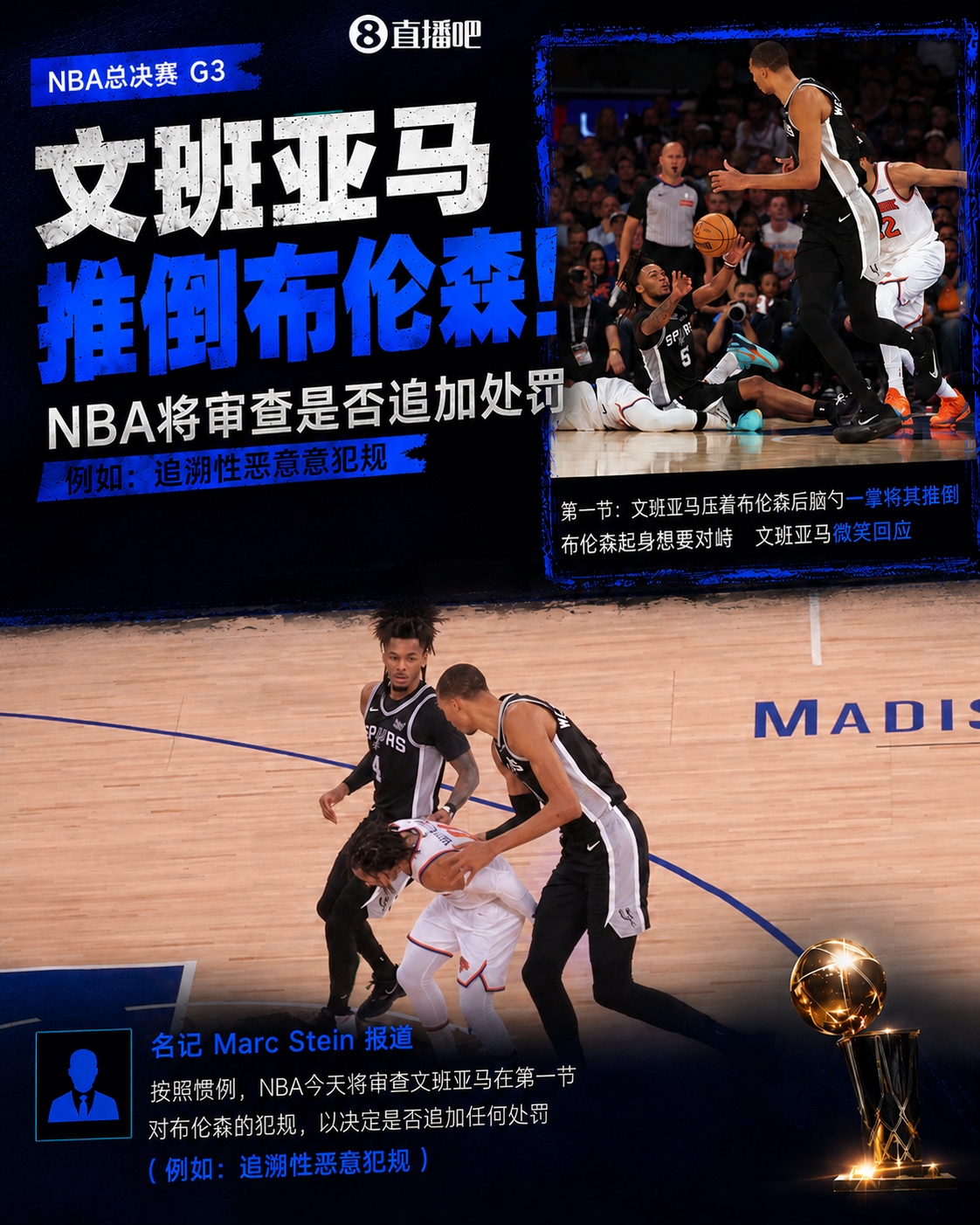 NBA審查文班亞馬推倒布倫森動(dòng)作，或追加惡意犯規(guī)